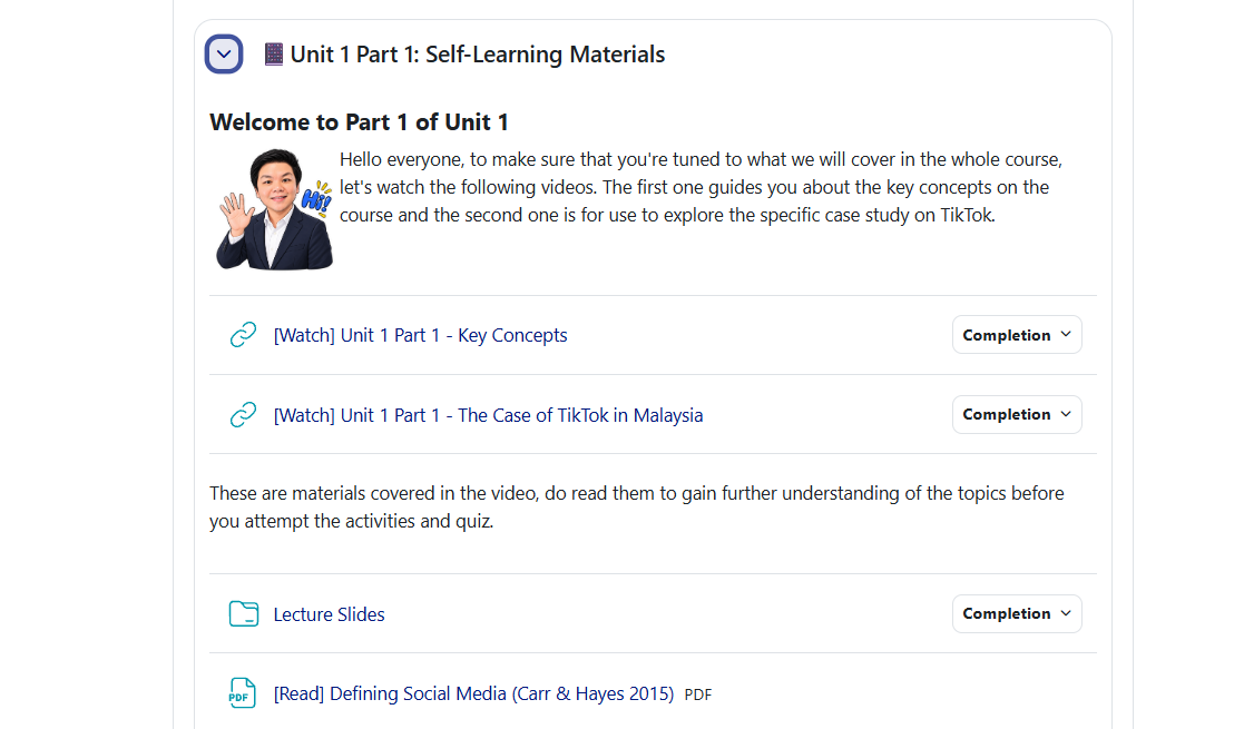 Self-Learning Materials section with a welcome message, videos to watch and readings with completion tracking