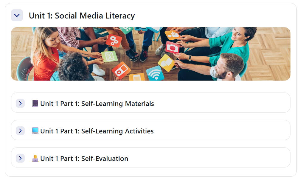 LMS unit page showing a Nano-SIM unit split into Self-Learning Materials, Activities and Self-Evaluation