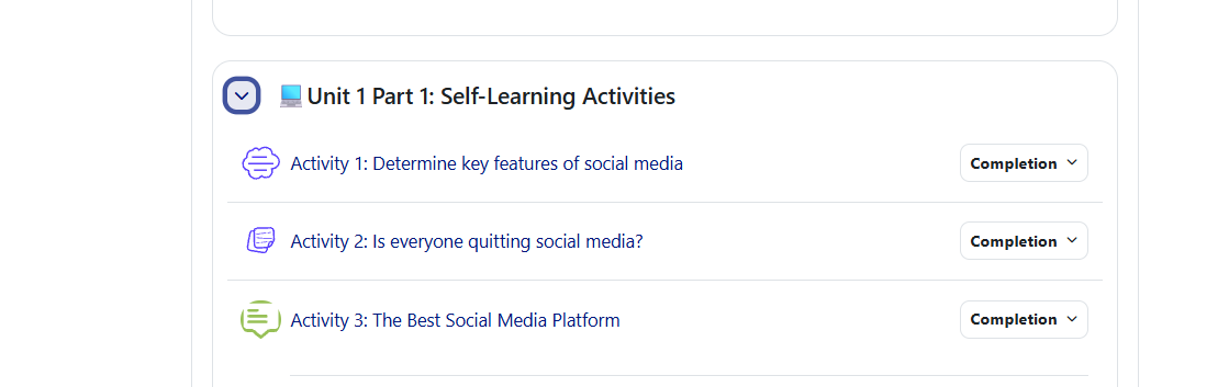 Self-Learning Activities section listing three activities each with completion tracking