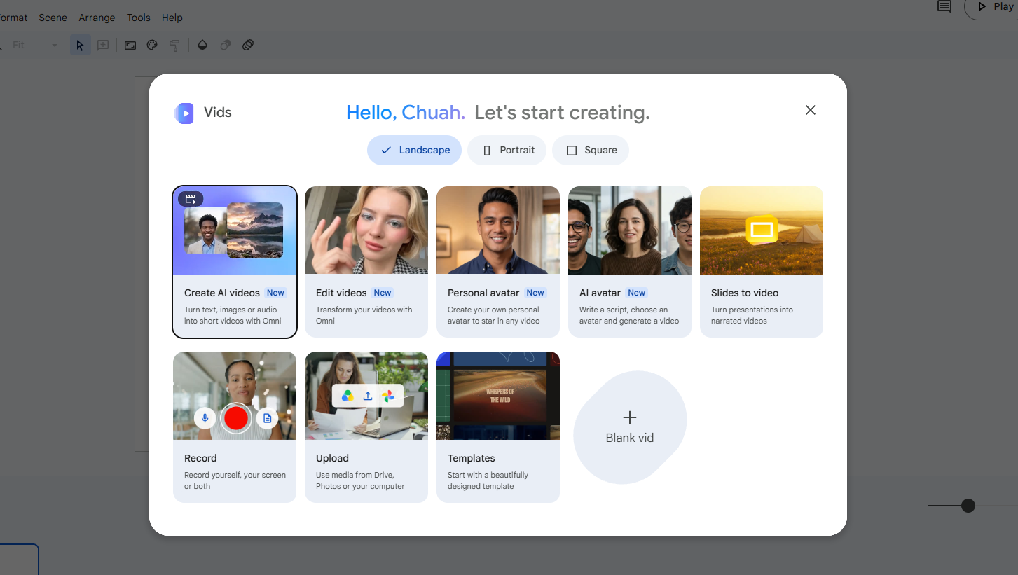 Google Vids start screen showing creation options