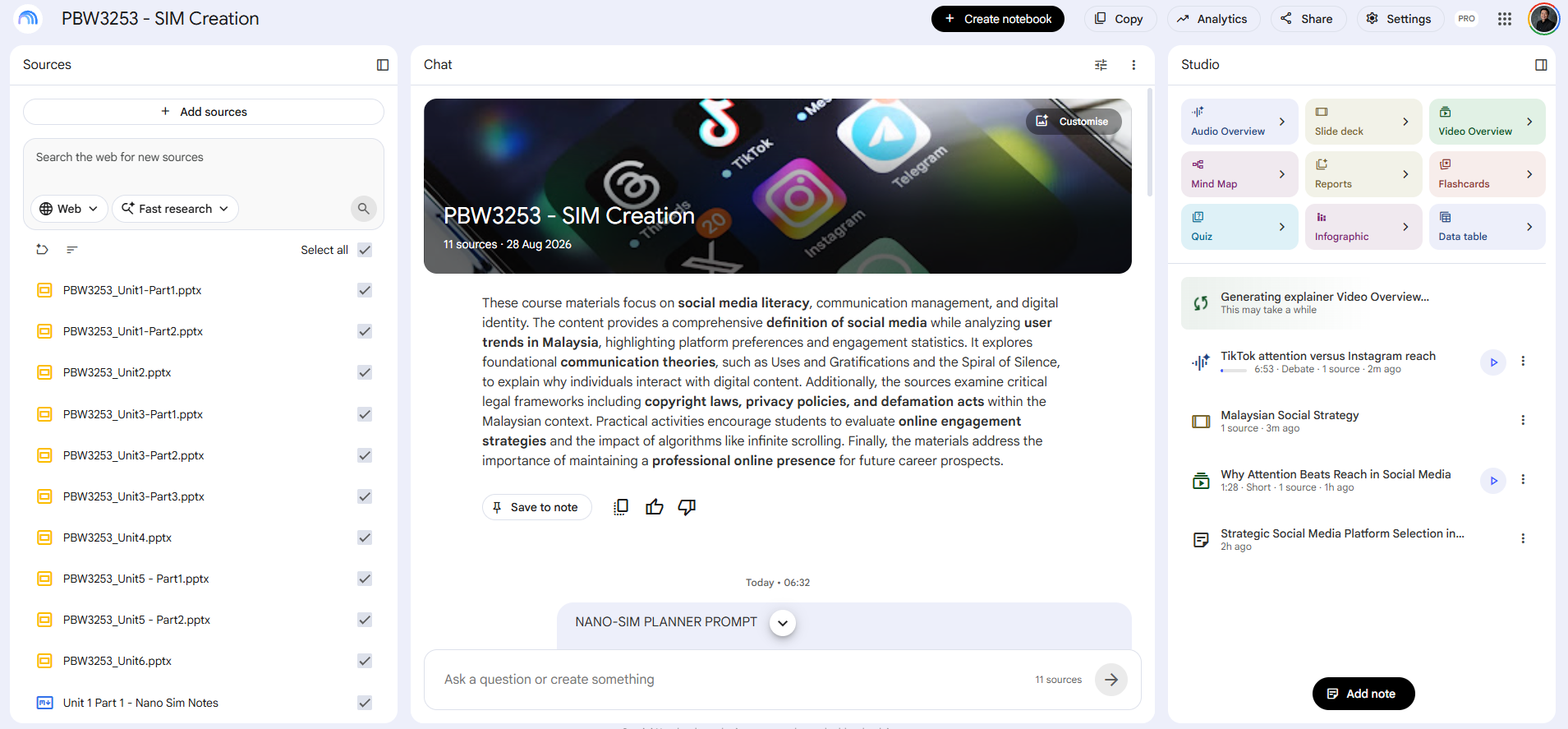 NotebookLM notebook with sources, chat summary and Studio outputs